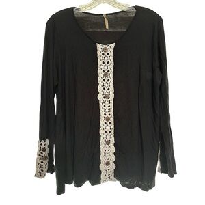 MOA USA Black Top Blouse Lace Front & Sleeve Long Sleeve